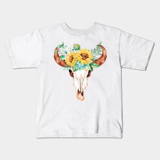 Sunflower bouquet, bull skull, sunflower skull, sunflowers, watercolor, painted sunflowers Kids T-Shirt